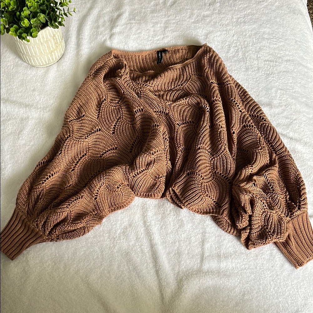 Cozy Brown Knit Poncho with Balloon Sleeves